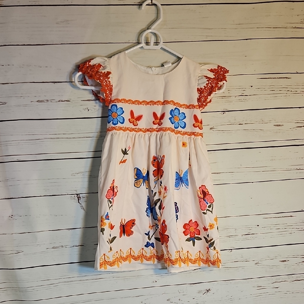 Mini Taylor Girls Cream Orange‎ Butterfly Floral Embroidered Dress Size 3-4Y